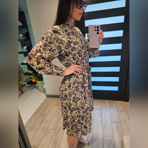 Zara Midi dress Mock Neck Long Sleeve butterfly floral print L M blue white new - Picture 3 of 8